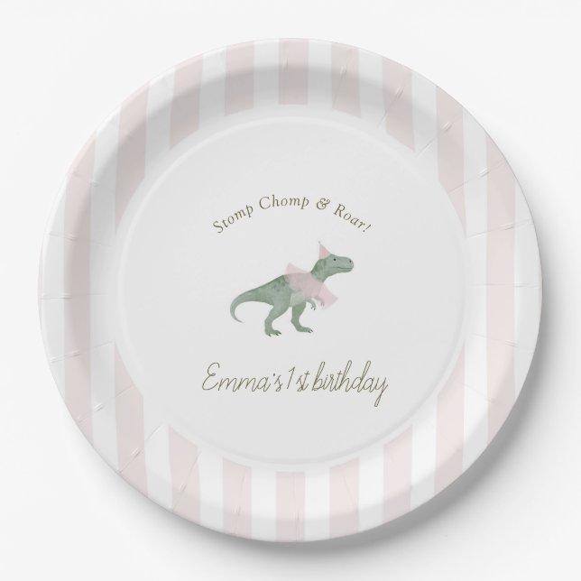 Plato De Papel Pink T Rex Tutu Girl Birthday Paper Plates (Anverso)