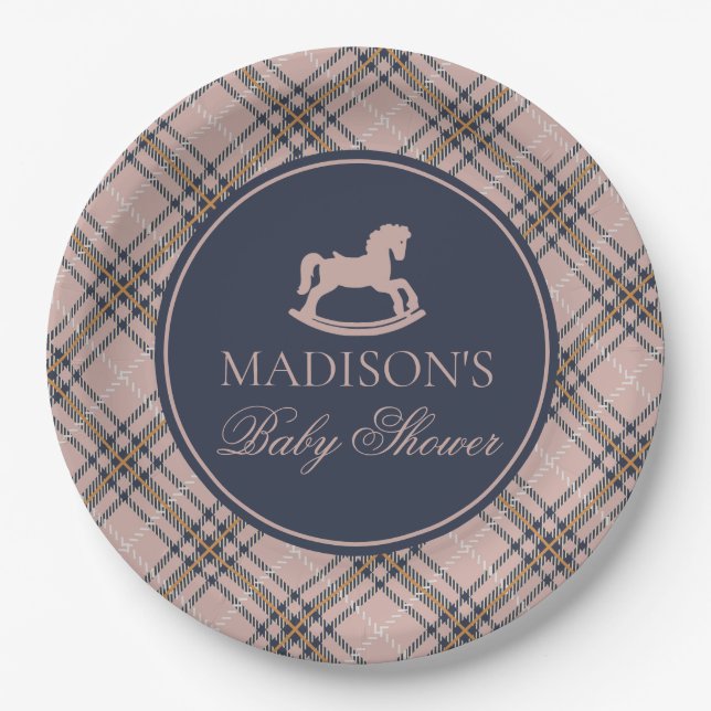 Plato De Papel Pink Tartan Plaid Rocking Horse Baby Shower (Anverso)