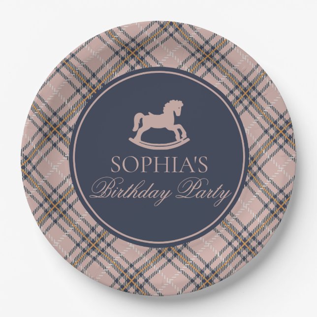 Plato De Papel Pink Tartan Plaid Rocking Horse Birthday Party (Anverso)