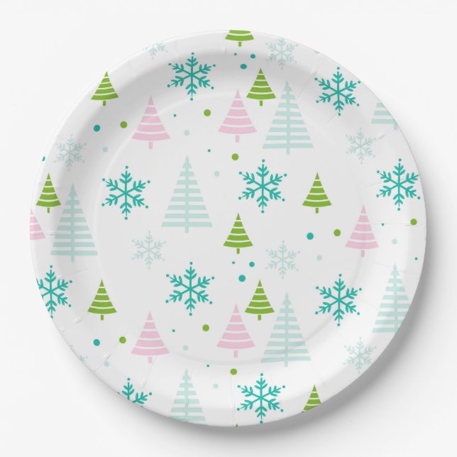 Plato De Papel Pink Teal Green Trees Modern Christmas  (Anverso)