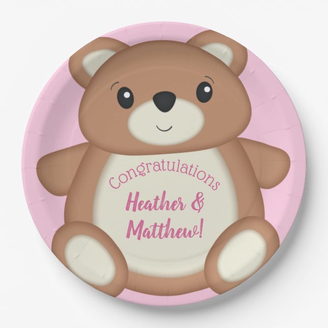 Plato De Papel Pink Teddy Bear Baby Shower (Anverso)