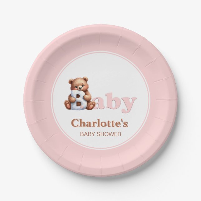 Plato De Papel Pink Teddy Bear Baby Shower (Anverso)