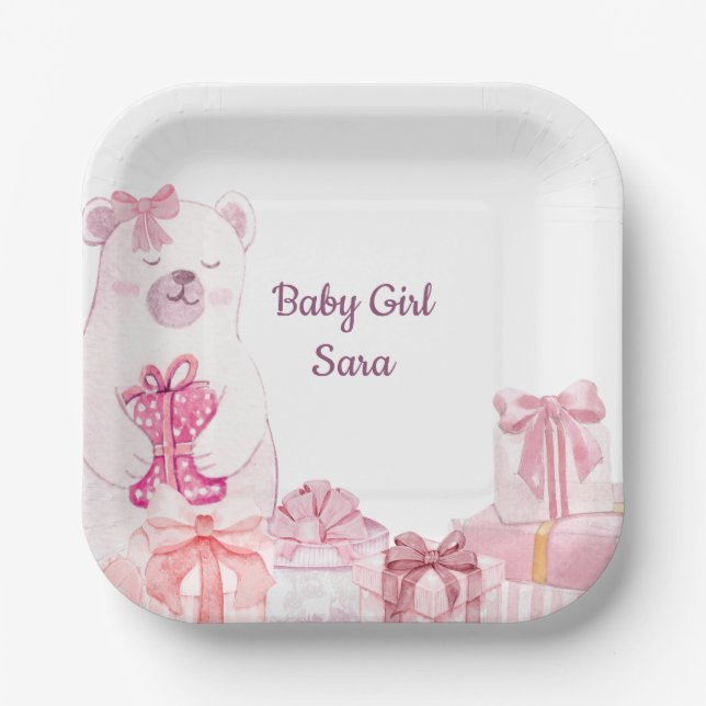 Plato De Papel Pink Teddy Bear Baby Shower Party Plate (Anverso)