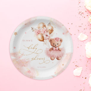 Plato De Papel Pink Teddy Bear Balloon Bearly Wait Baby Shower