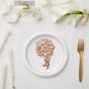 Plato De Papel Pink Teddy Bear Hot Air Balloon Baby Shower Placa