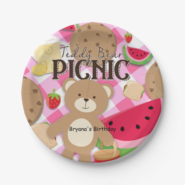 Plato De Papel Pink Teddy Bear Picnic Summer Birday Party (Anverso)
