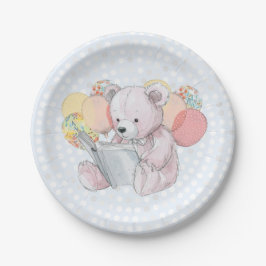 Plato De Papel Pink Teddy Bear reading a book