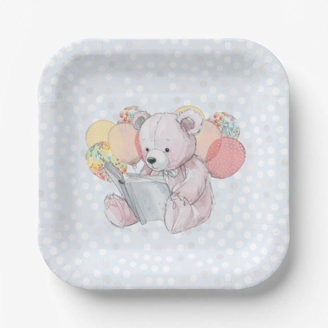 Plato De Papel Pink Teddy Bear reading a book  (Anverso)
