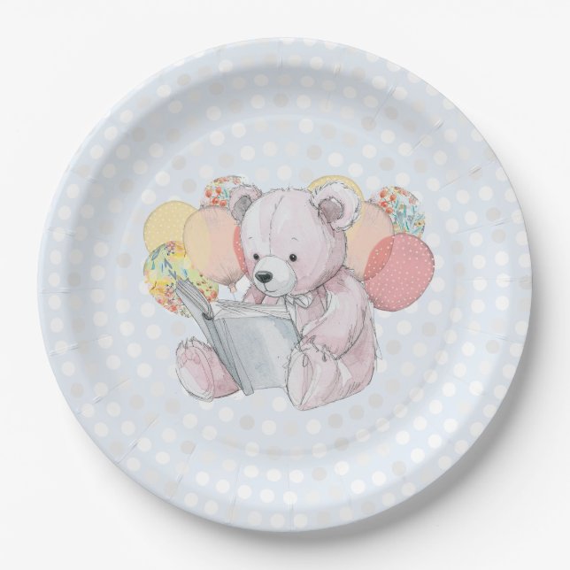 Plato De Papel Pink Teddy Bear reading a book  (Anverso)