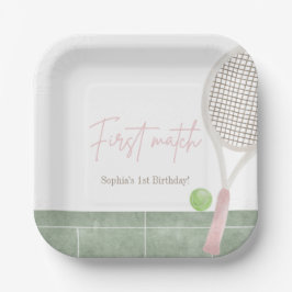 Plato De Papel Pink Tennis First Birthday Girl Preppy Classic 