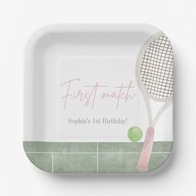 Plato De Papel Pink Tennis First Birthday Girl Preppy Classic  (Anverso)