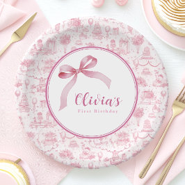 Plato De Papel Pink Toile Coquette Bow Primer Chica de cumpleaños