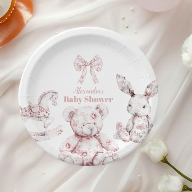 Plato De Papel Pink Toile De Jouy Toys Baby Shower (Subido por el creador)