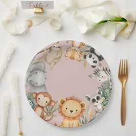 Plato De Papel Pink Tropical Wild One Jungle Safari Animales