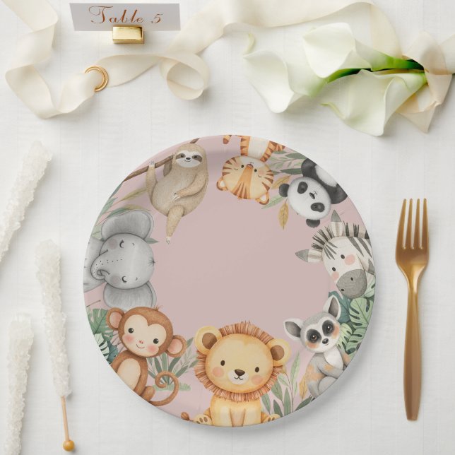 Plato De Papel Pink Tropical Wild One Jungle Safari Animales (Boda)