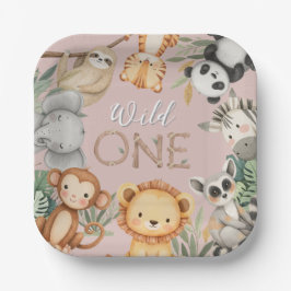 Plato De Papel Pink Tropical Wild One Jungle Safari Animales