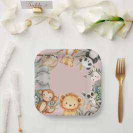 Plato De Papel Pink Tropical Wild One Jungle Safari Animales