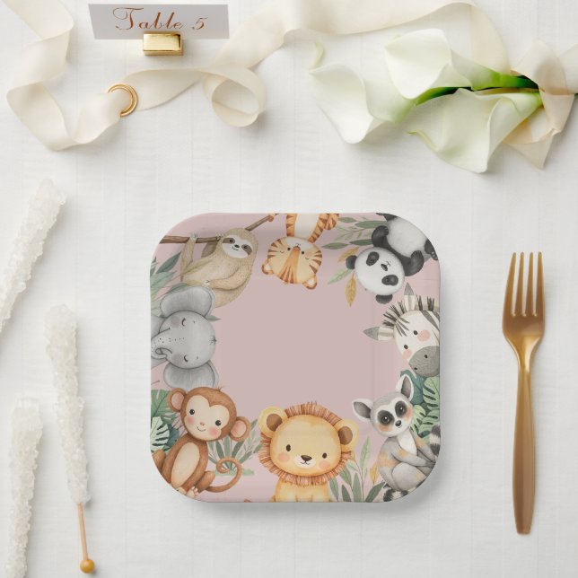 Plato De Papel Pink Tropical Wild One Jungle Safari Animales (Boda)