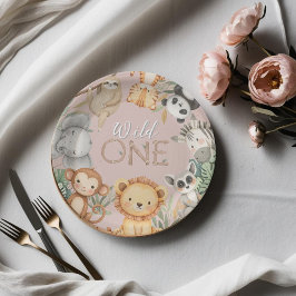 Plato De Papel Pink Tropical Wild One Jungle Safari Animales