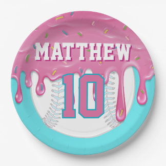 Plato De Papel Pink & Turquoise Baseball Drip Birthday Party