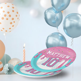Plato De Papel Pink & Turquoise Baseball Drip Birthday Party