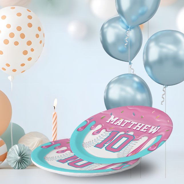 Plato De Papel Pink & Turquoise Baseball Drip Birthday Party (Pink baseball ice cream drip party paper plates)
