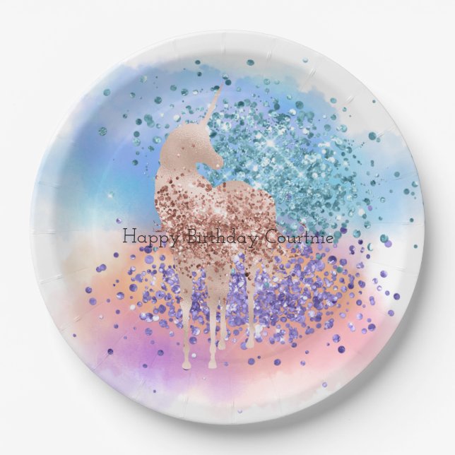 Plato De Papel Pink Unicorn Sparkle Purple Aqua Purpurina Confett (Anverso)