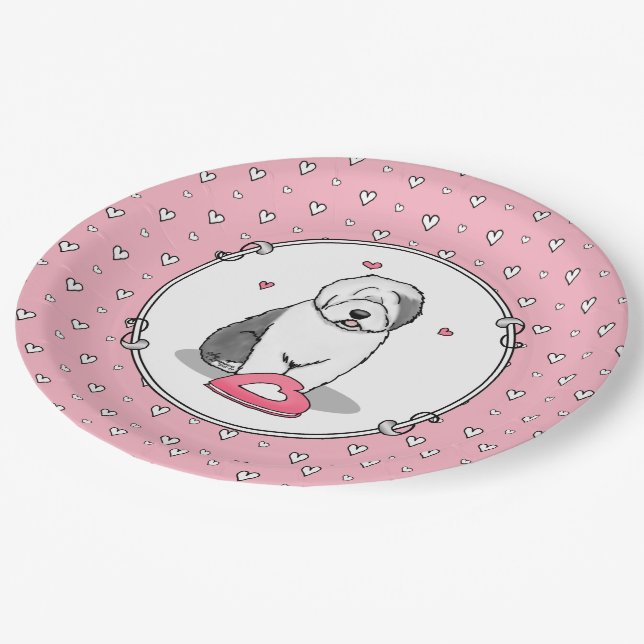 Plato De Papel Pink Valentine Old English Sheepdog Gray 1 Fun (Angular)