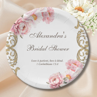 Plato De Papel Pink Vintage Floral Peony Christian Bridal Shower
