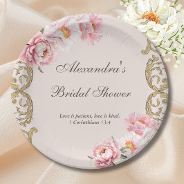 Plato De Papel Pink Vintage Floral Peony Christian Bridal Shower
