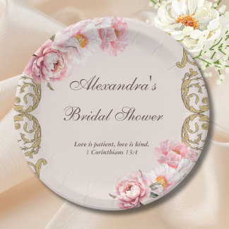 Plato De Papel Pink Vintage Floral Peony Christian Bridal Shower