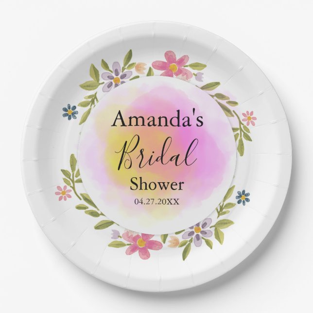Plato De Papel Pink Watercolor Floral Bridal Shower (Anverso)