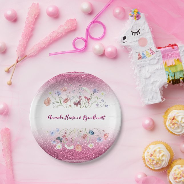 Plato De Papel Pink Watercolor Floral Flower Wedding (Fiesta)