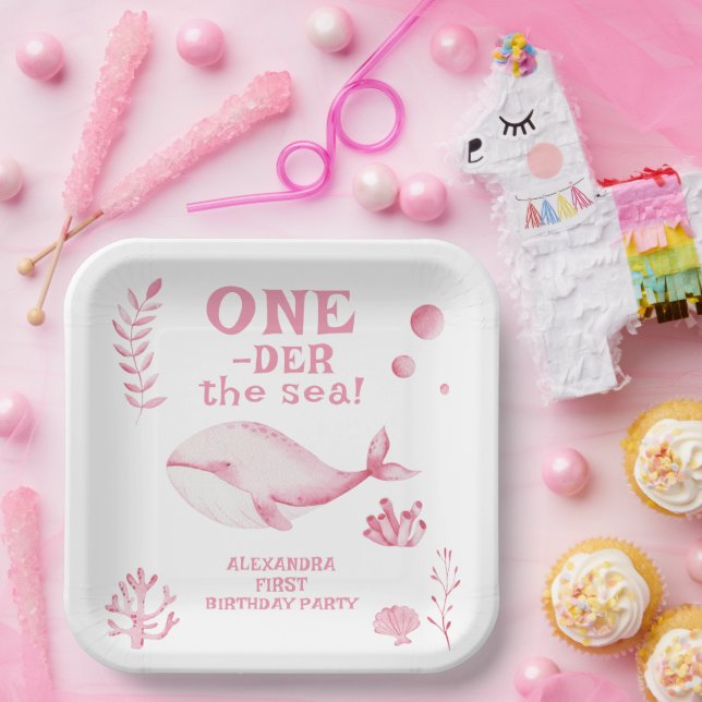Plato De Papel Pink Whale Oneder The Sea 1st Birthday  (Fiesta)