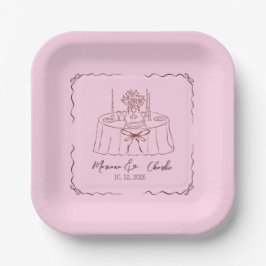 Plato De Papel Pink Whimsical Hand Drawn Illustrated Wedding 