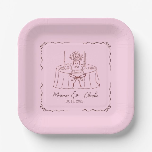 Plato De Papel Pink Whimsical Hand Drawn Illustrated Wedding  (Anverso)