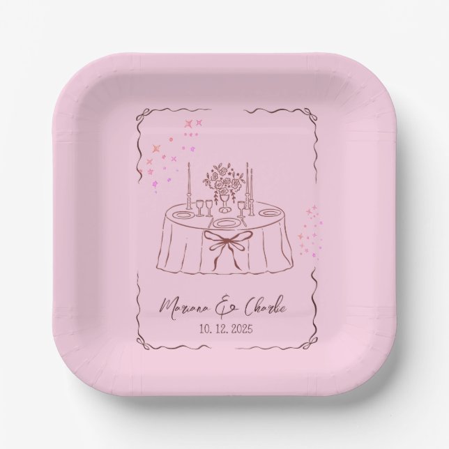 Plato De Papel Pink Whimsical Hand Drawn Illustrated Wedding  (Anverso)