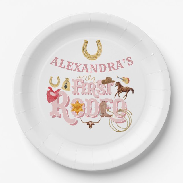 Plato De Papel Pink Wild West First Rodeo Baby Girl Primer cumple (Anverso)