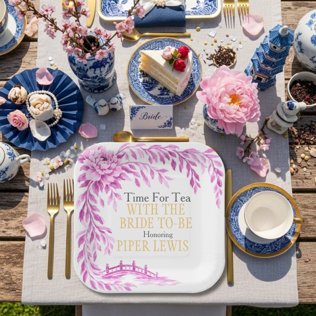 Plato De Papel Pink willow Rose bridge Tea Time (Pink willow Rose bridge Tea Time Paper Plates)