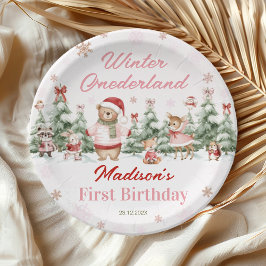 Plato De Papel Pink Winter Onederland Forest Girl Birthday