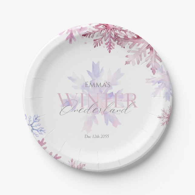 Plato De Papel Pink Winter Wonderland Snowflake First Birthday  (Anverso)