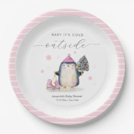 Plato De Papel Pink Winter Woodland Skate Penguin Baby Shower