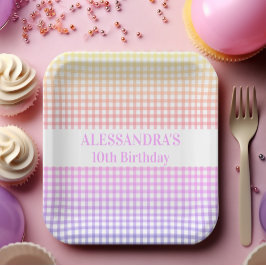 Plato De Papel Pink Yellow Pastel Gradiente Gingham Cumpleaños