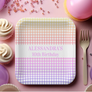 Plato De Papel Pink Yellow Pastel Gradiente Gingham Cumpleaños
