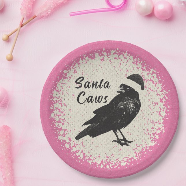 Plato De Papel Pinkmas Crow Santa Pink Black and Ivory Christmas (Fun pink, ivory, and black "Santa Caws" plates are great for your holiday time or Pinkmas party. )
