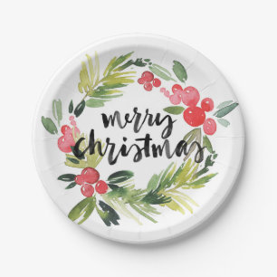 Plato De Papel Pino acuarela y Holly Wreath Feliz Navidad