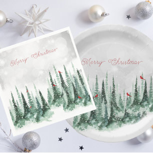 Plato De Papel Pino Árbol Bosque Cardinales Feliz Navidad