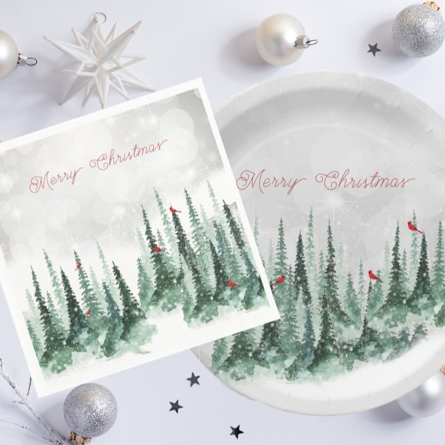 Plato De Papel Pino Árbol Bosque Cardinales Feliz Navidad   (Subido por el creador)