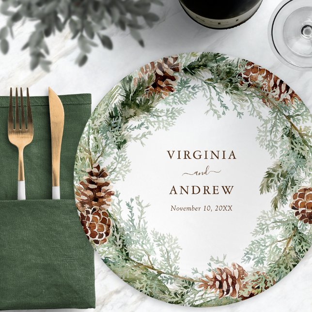 Plato De Papel Pino verde (Green Watercolor Evergreen Pinecones Paper Plates by Painted Paperie)