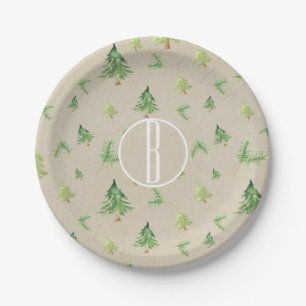 Plato De Papel Pinos acuarela Kraft boda de invierno rústica